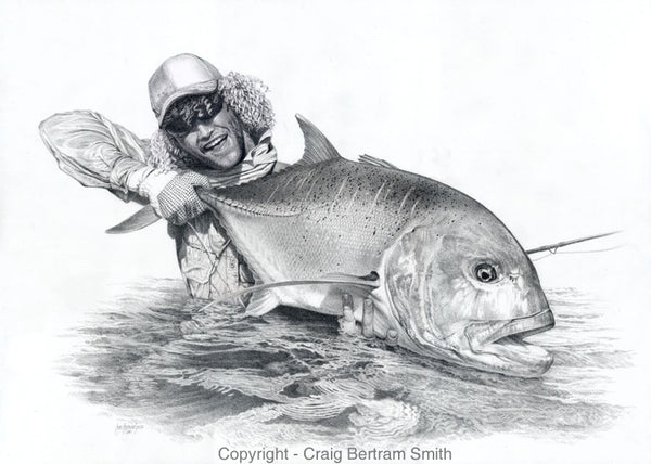 a pencil drawing of a fly fisherman holding up a large GT fish
