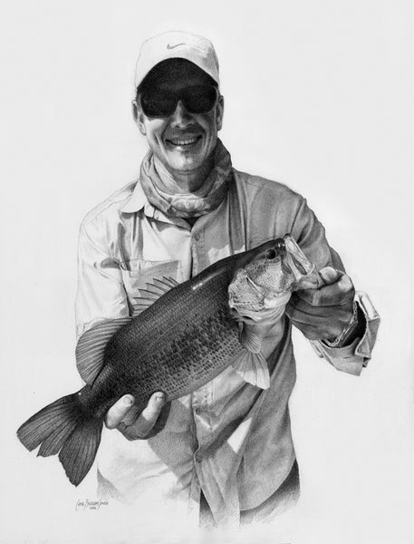 a pencil drawing of a fisherman holding up a large mouth bass
