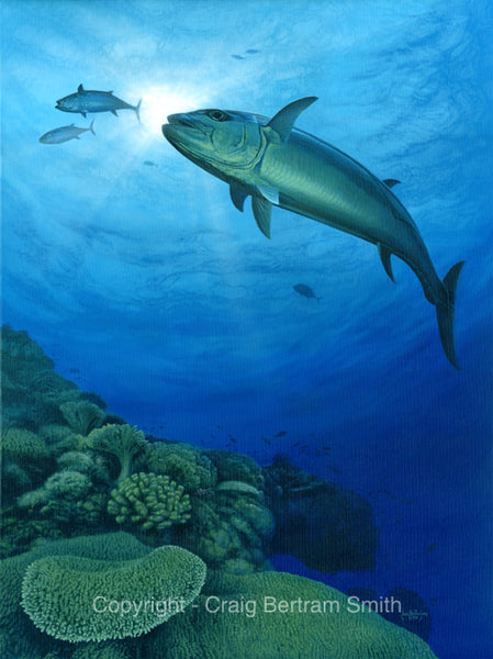 a painting of a dogtooth tuna in deep water swimming near a reef