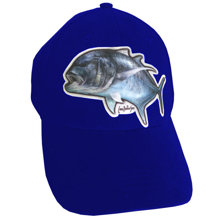 blue cap with a GT on it