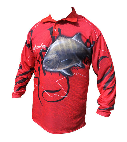 long sleeve fishing shirt with a galjoen image on it