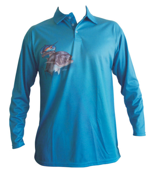 long sleeve blue fishing shirt with a GT on it