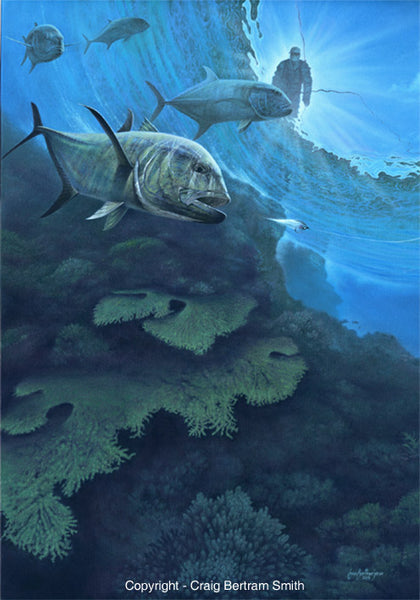 a painting of a GT chasing a fly at the edge of a coral head