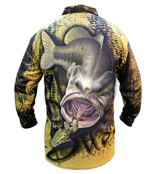 long sleeve black fishing shirt with a large mouth bass on it