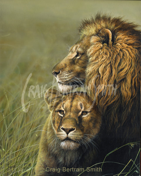 a painting of a male and female lion