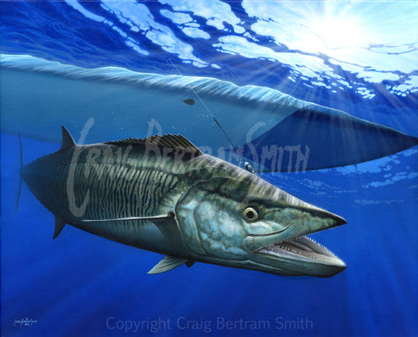 a painting of a king mackerel just below a kayak