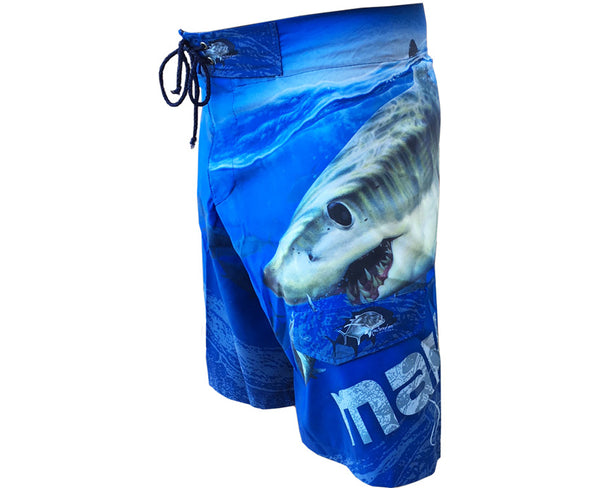 board shorts with a mako shark on it