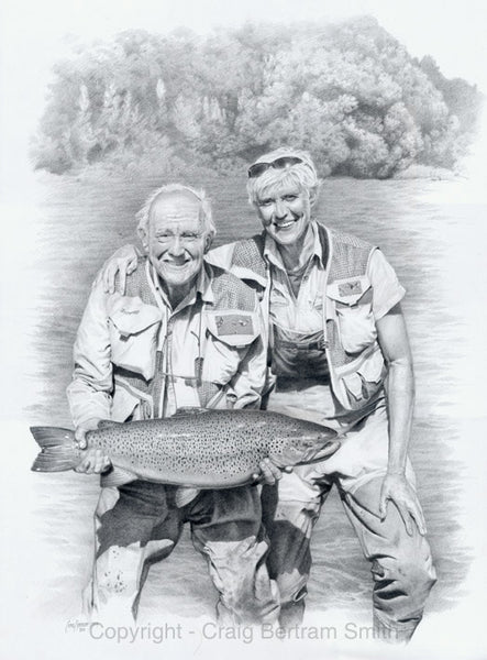 a drawing of a fly fisherman with his trophy brown trout