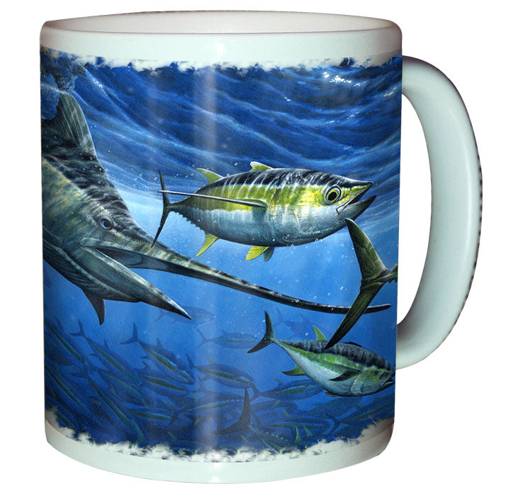 coffee mug with a marlin printed on it