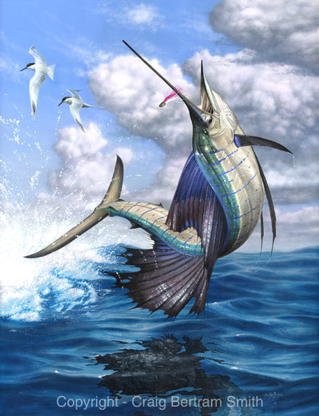 a painting of a sailfish jumping out of the water