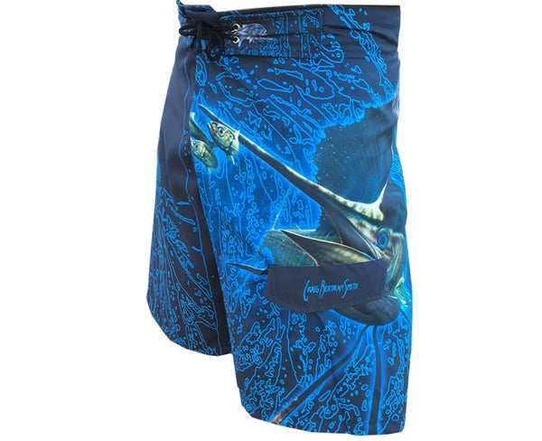 board shorts with a sailfish on it