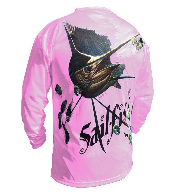 long sleeve fishing shirt with a sailfish image on it