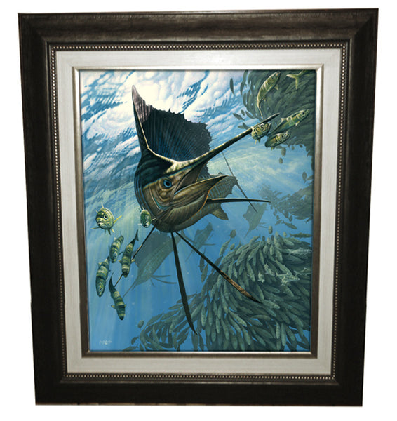 a framed painting of a sailfish chasing fish around a bait ball