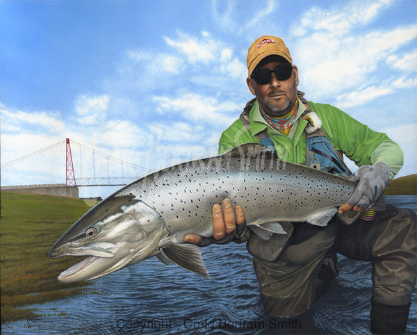 a painting of a fly fisherman holding up a sea trout at the river