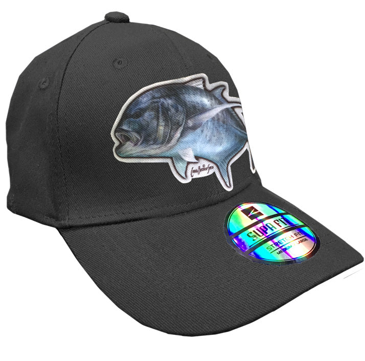 charcoal cap with a GT on it