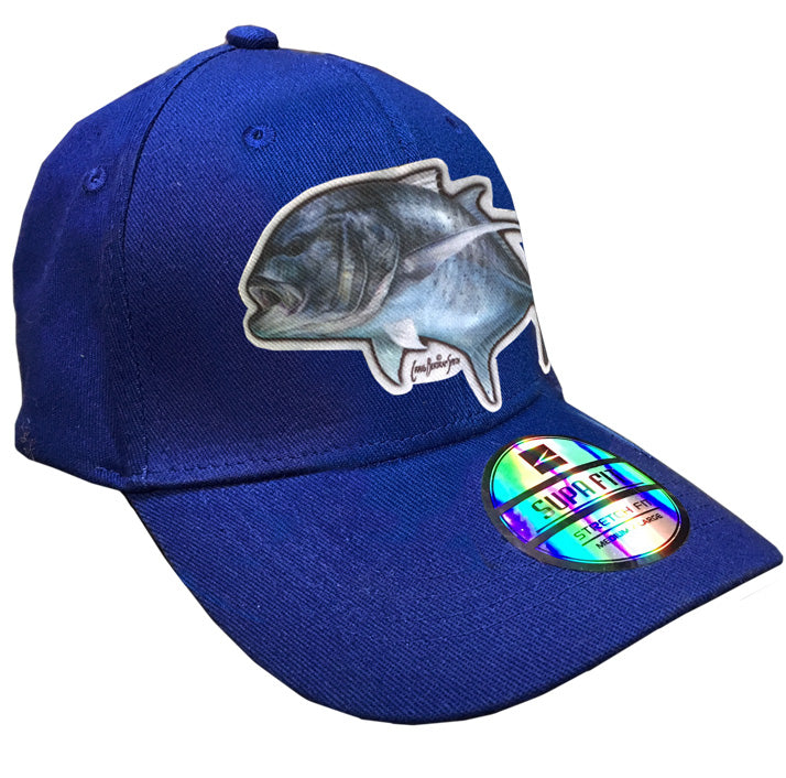 blue cap with a GT on it