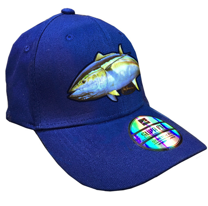 blue cap with a yellowfin tuna on it