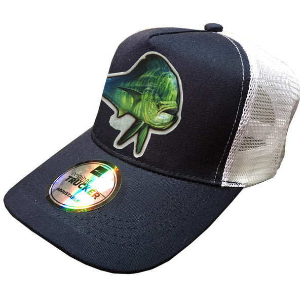 navy and white trucker cap with a dorado on it