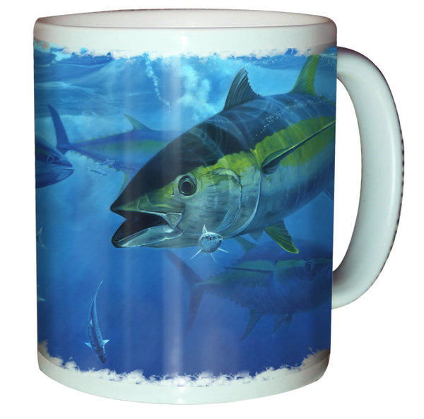 coffee mug with a yellowfin tuna printed on it
