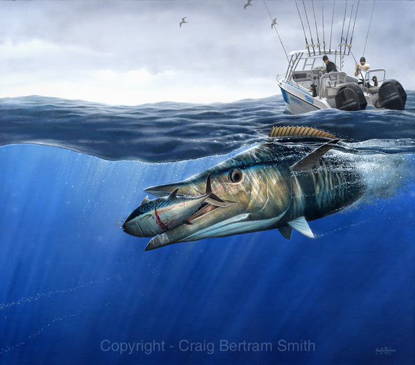 a painting of a wahoo attacking a tuna with a boat in the background