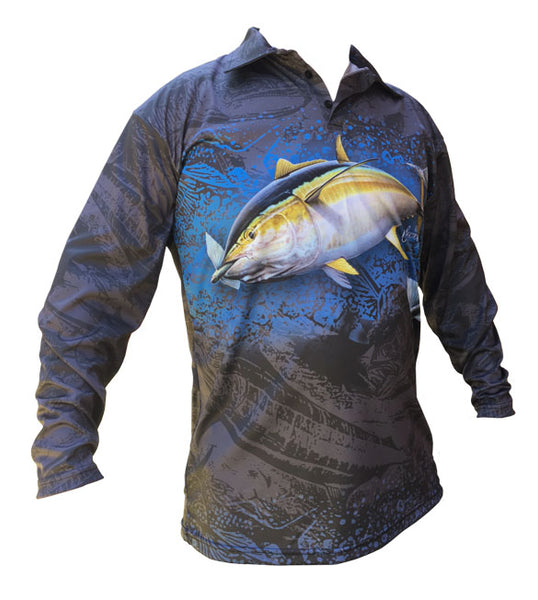 long sleeve fishing shirt with a yellowfin tuna image on it