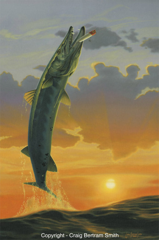 a painting of a barracuda jumping out of the water at sunset