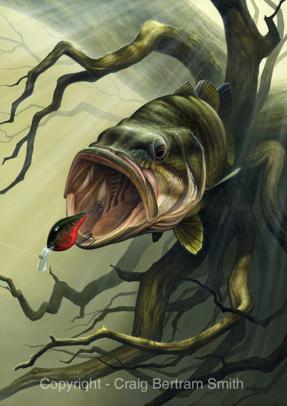 a painting of a large mouth bass chasing a crank bait with roots in the background