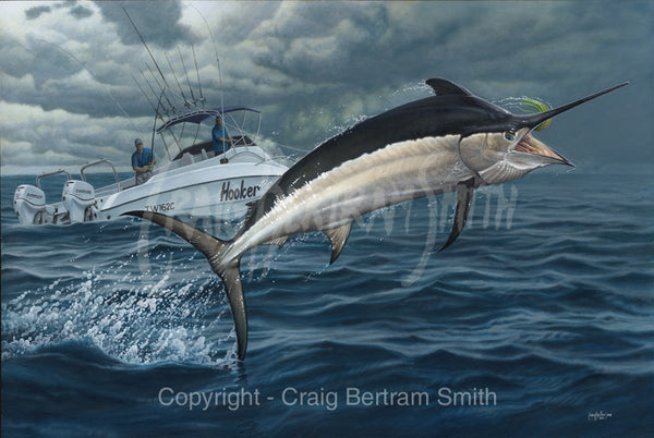 A painting of a black marlin jumping out of the water with a boat in the background
