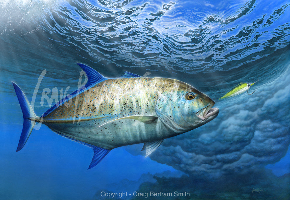 a painting of a bluefin trevally chasing a fly over a coral edge