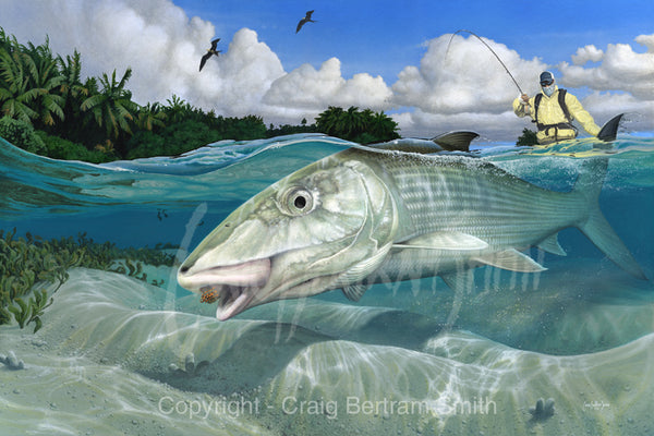 a painting of a tailing bone fish on the flats with a fisherman in the background
