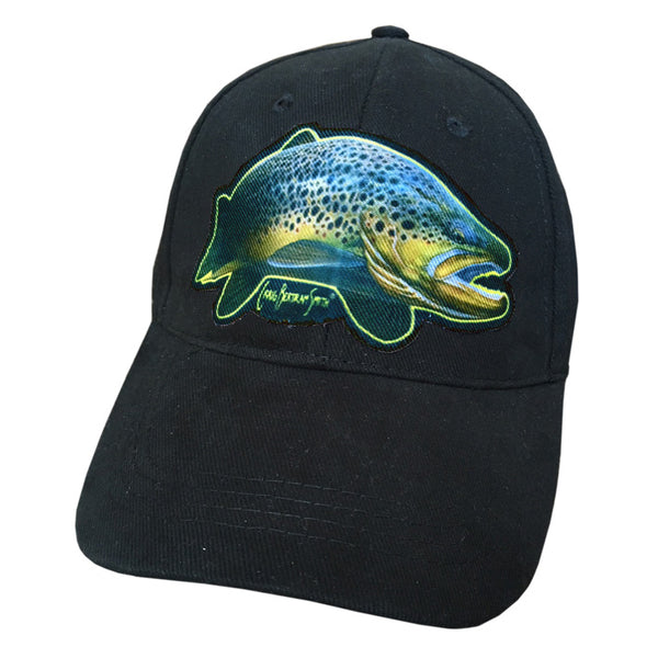 Black cap with brown trout artwork
