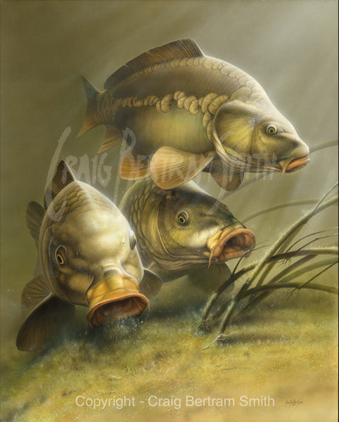 a painting of carp swimming and feeding together  