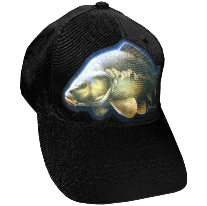 black cap with carp artwork