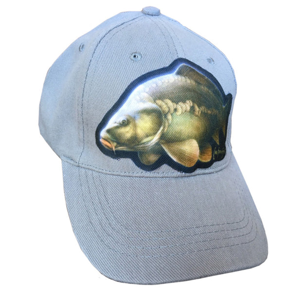 grey cap with carp artwork
