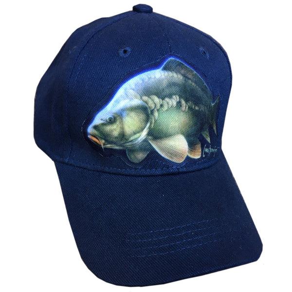 navy cap with carp artwork