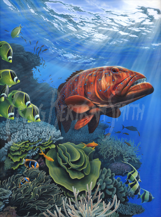 a painting of a bar cheek coral trout with a coral reef background