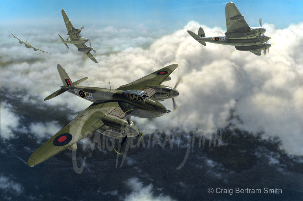 a painting of DH Mosquito planes flying over clouds