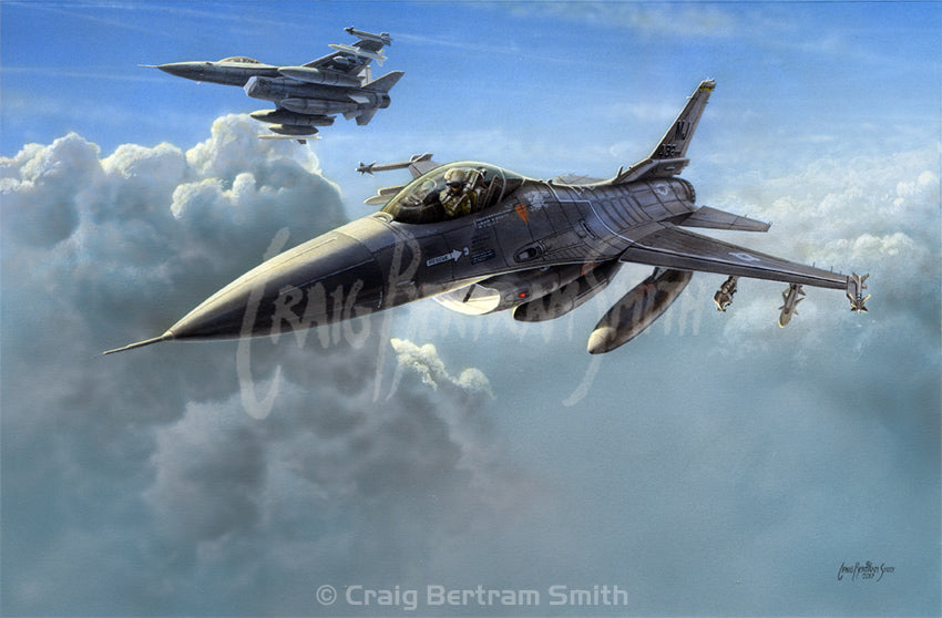 a painting of an F 16 fighting falcon flying above the clouds