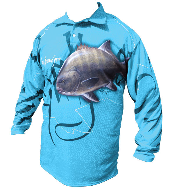 long sleeve fishing shirt with a galjoen image on it