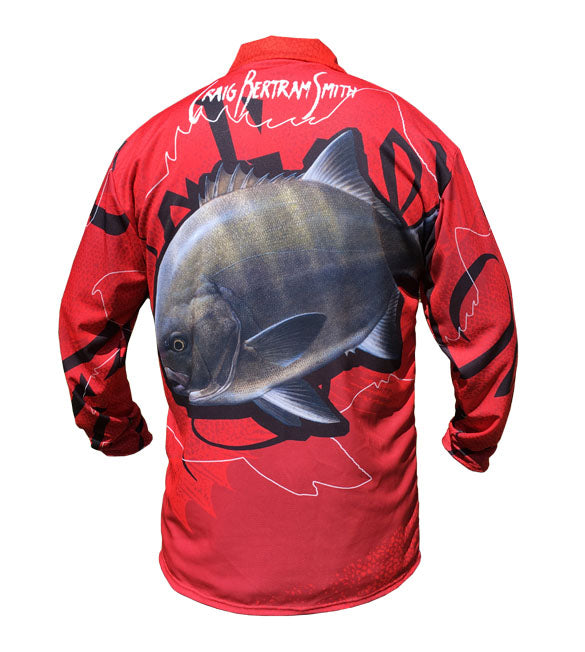 long sleeve fishing shirt with a galjoen image on it