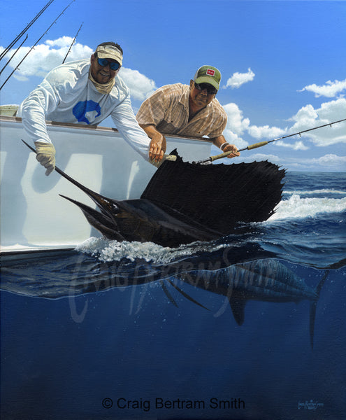 a painting of a fly fisherman holding a sailfish at the side of the boat