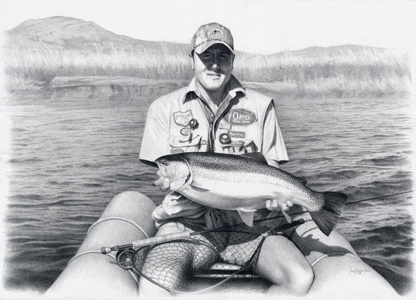 a pencil drawing of a fly fisherman holding a rainbow trout