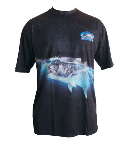 short sleeve black fishing shirt with a GT on it