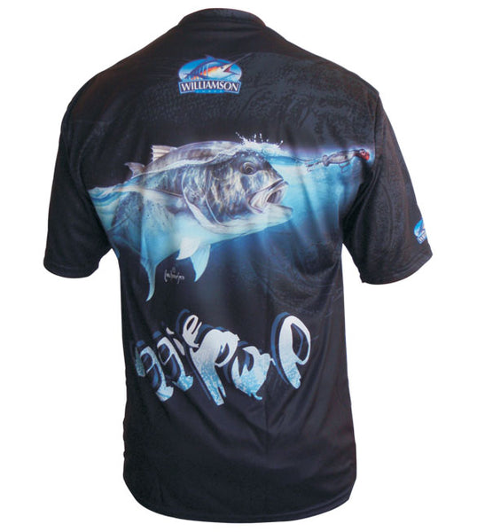 short sleeve black fishing shirt with a GT on it