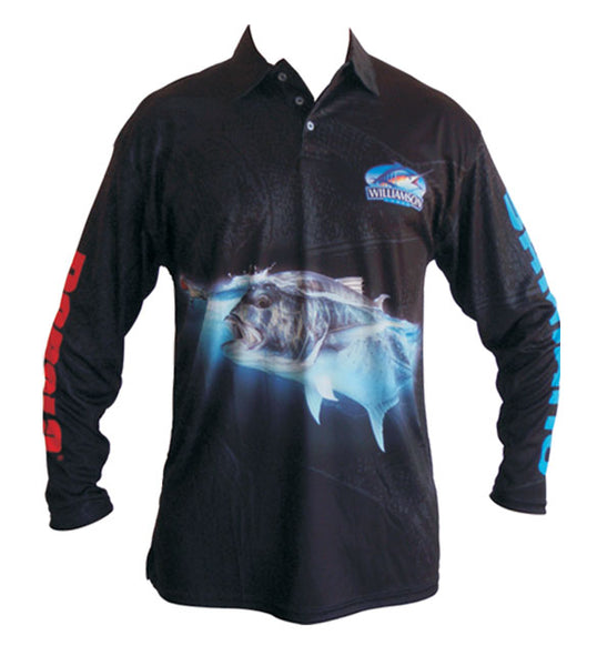 long sleeve black fishing shirt with a GT on it