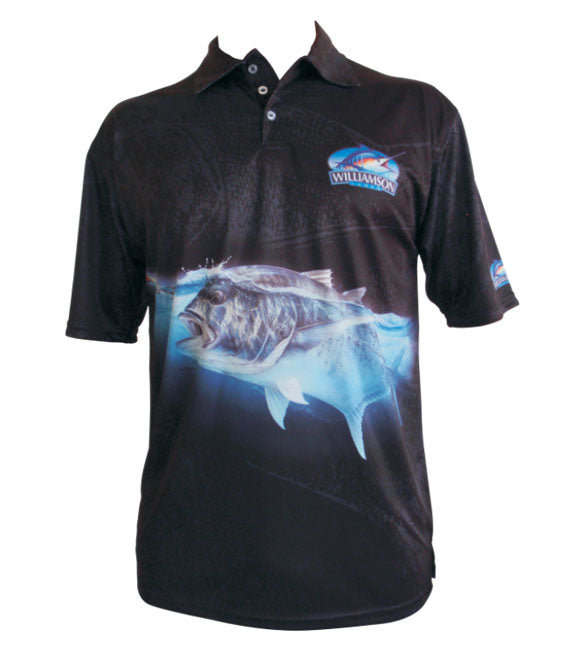 short sleeve black fishing shirt with a GT on it