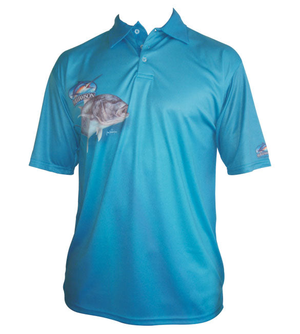 short sleeve blue fishing shirt with a GT on it
