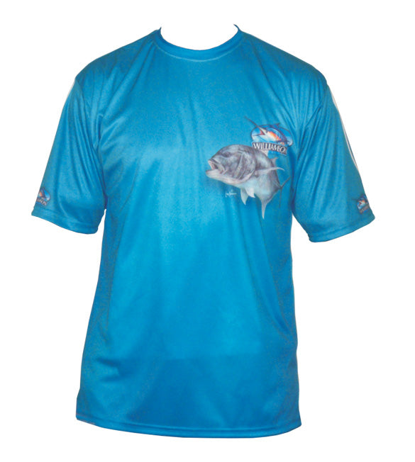 short sleeve blue fishing shirt with a GT on it