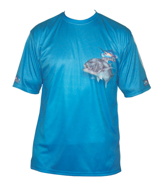 short sleeve blue fishing shirt with a GT on it