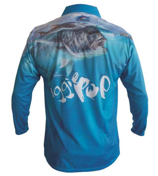 long sleeve blue fishing shirt with a GT on it